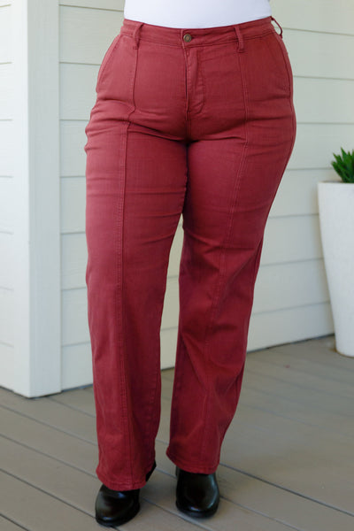 Phoebe High Rise Front Seam Straight Jeans in Burgundy