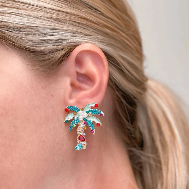 PREORDER: Holiday Jewel & Pearl Palm Tree Stud Earrings