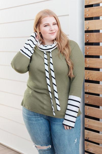 Secret Stripes Cowl Neck Top in Olive