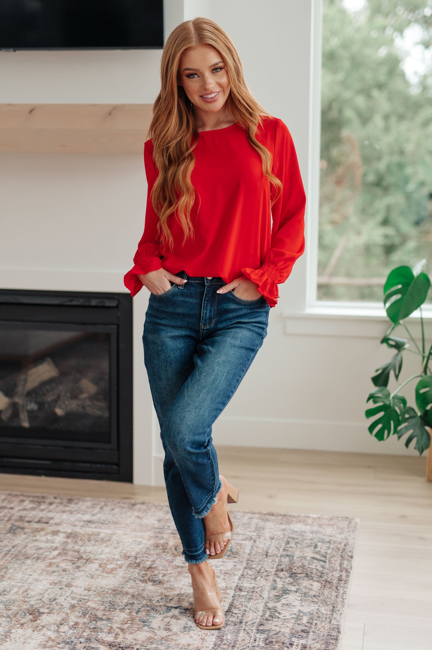 Peaceful Moments Smocked Sleeve Blouse in Red