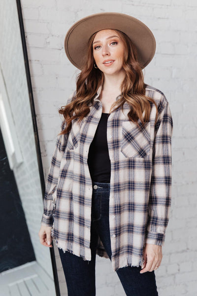 Cabin Views Button Up Top in Taupe/Navy