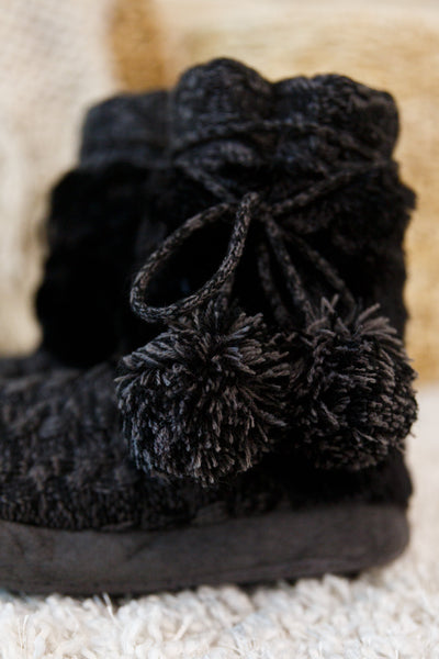 Cable Knit Slipper Boots With Pompom Trim