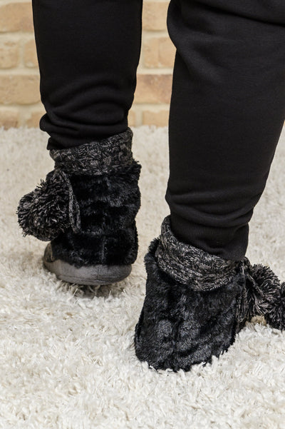 Cable Knit Slipper Boots With Pompom Trim