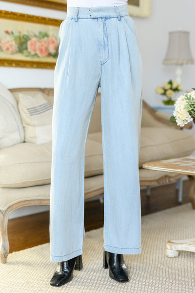 Darling High Waisted Solid Woven Pants in Denim