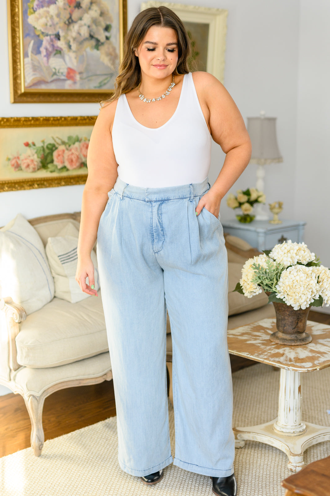 Darling High Waisted Solid Woven Pants in Denim