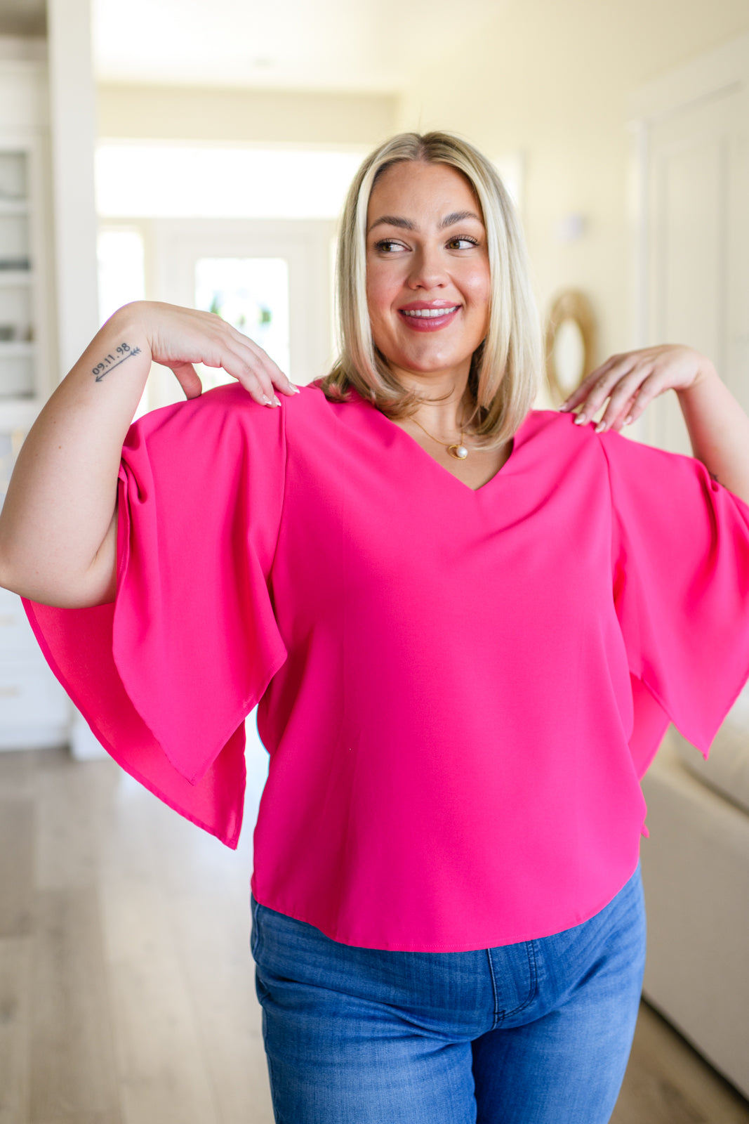 Forever Fine V-Neck Flounce Sleeve Blouse