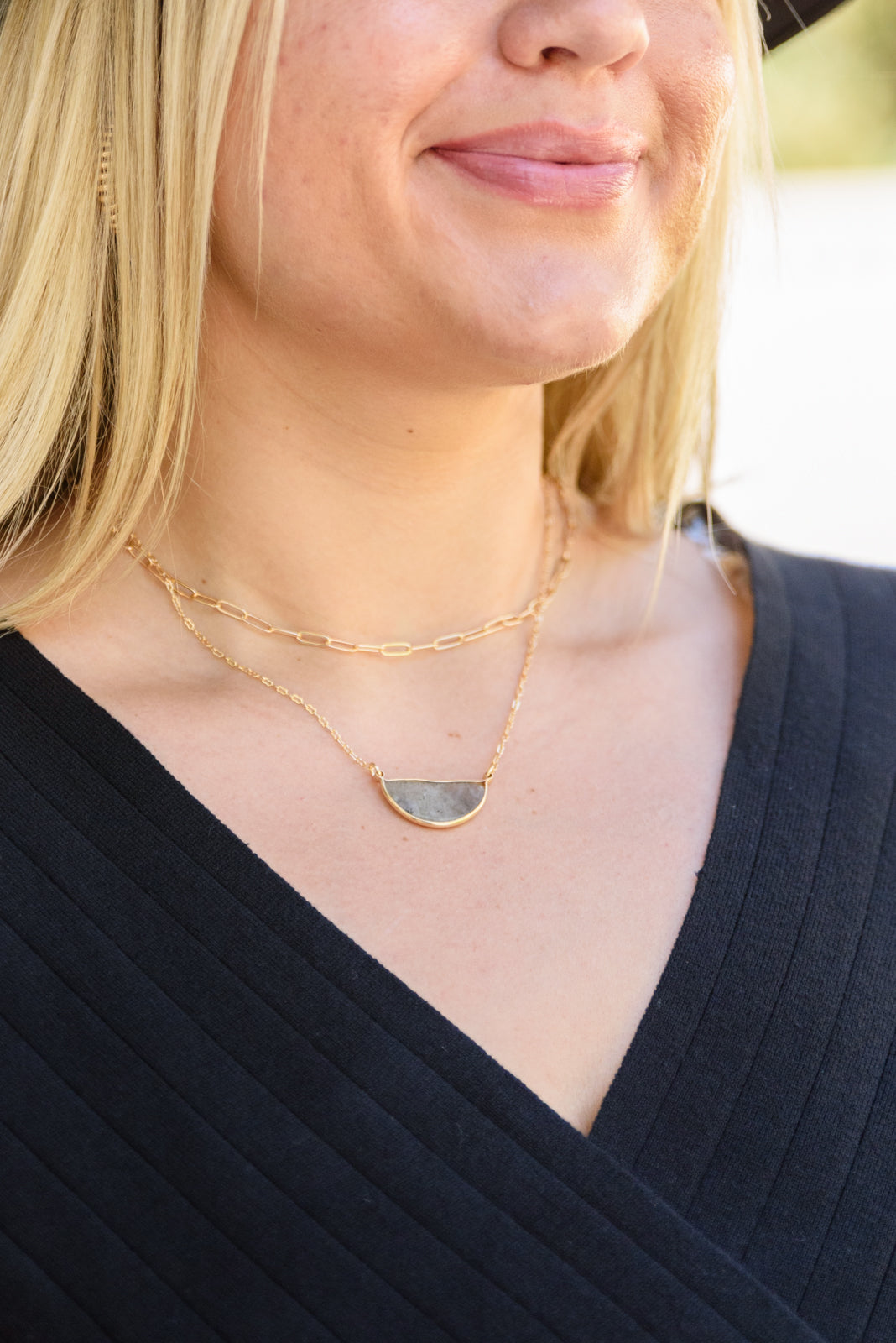 Half Moon Stone Stud & Necklace Set in Smokey Quartz