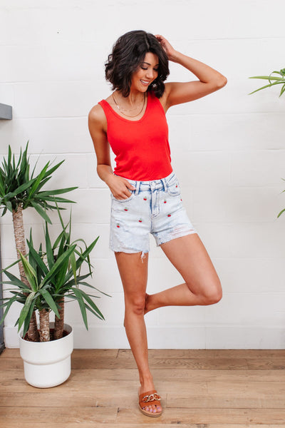 Hi-Waisted Cherry Acid Wash Cutoffs