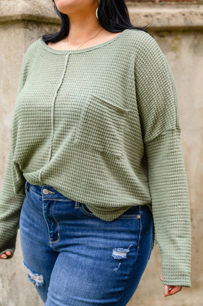 Hillside Views Waffle Knit Long Sleeve Top In Sage