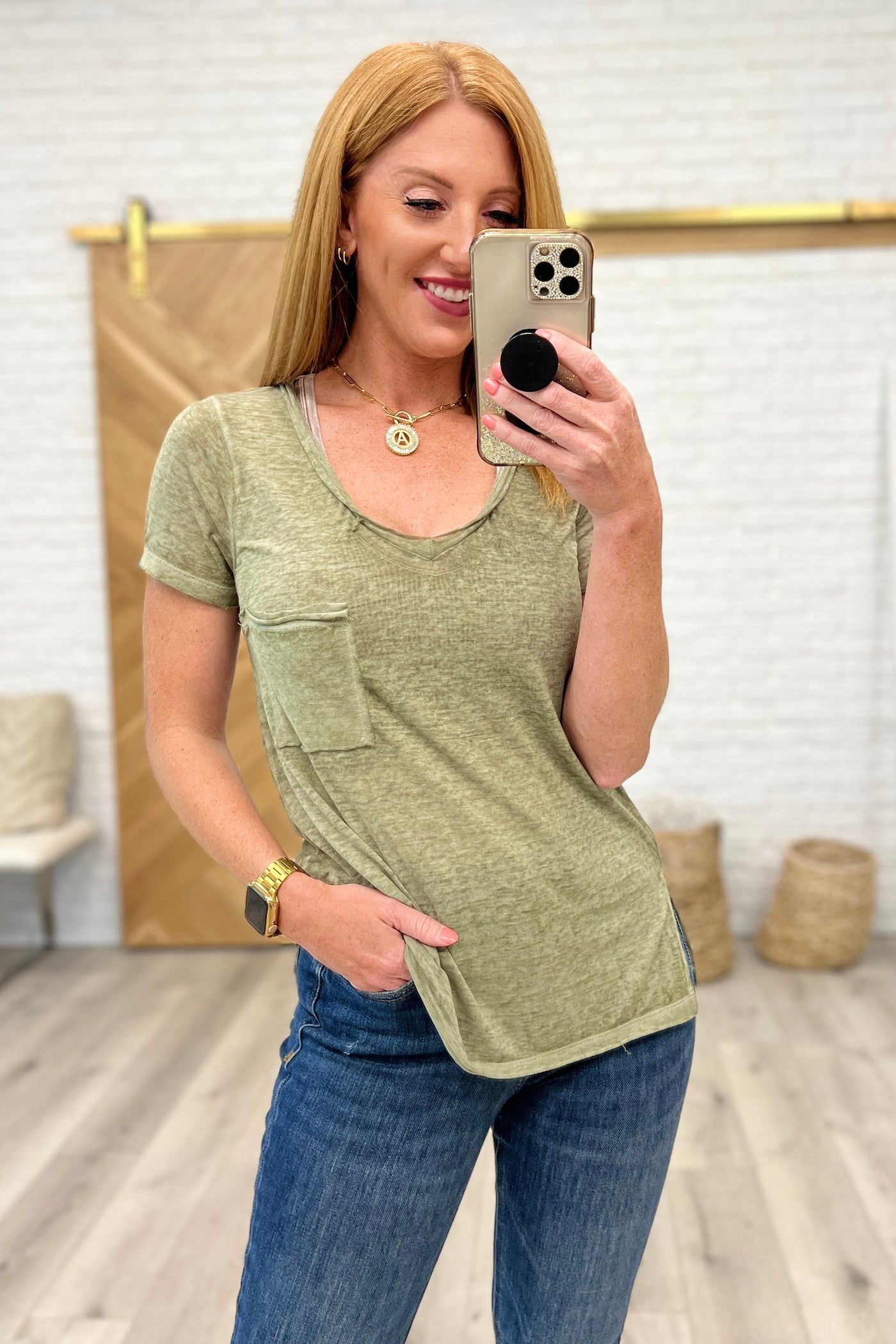 Melange Burnout V-Neck T-Shirt in Light Olive