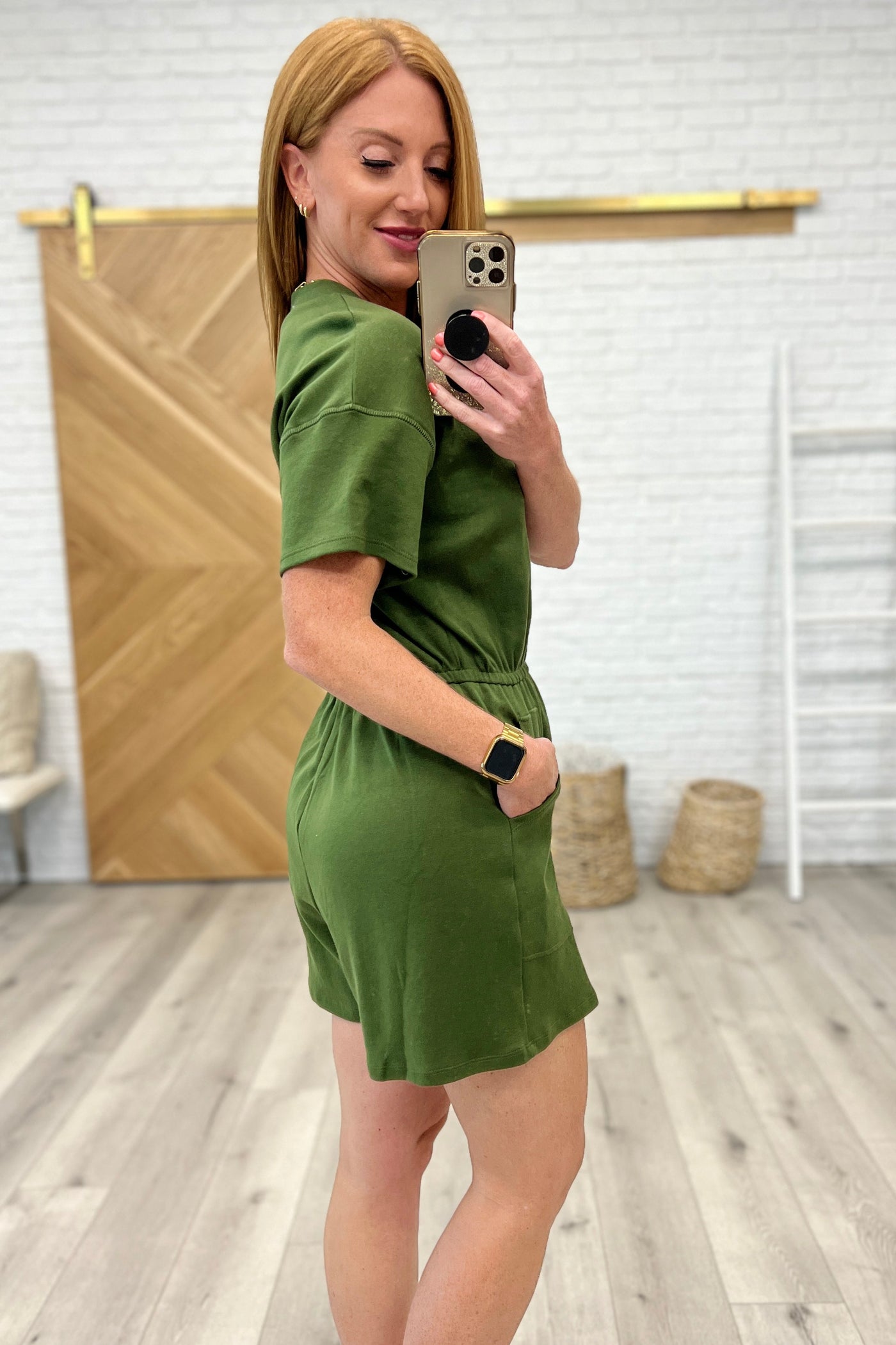 Short Sleeve V-Neck Romper in Army Green