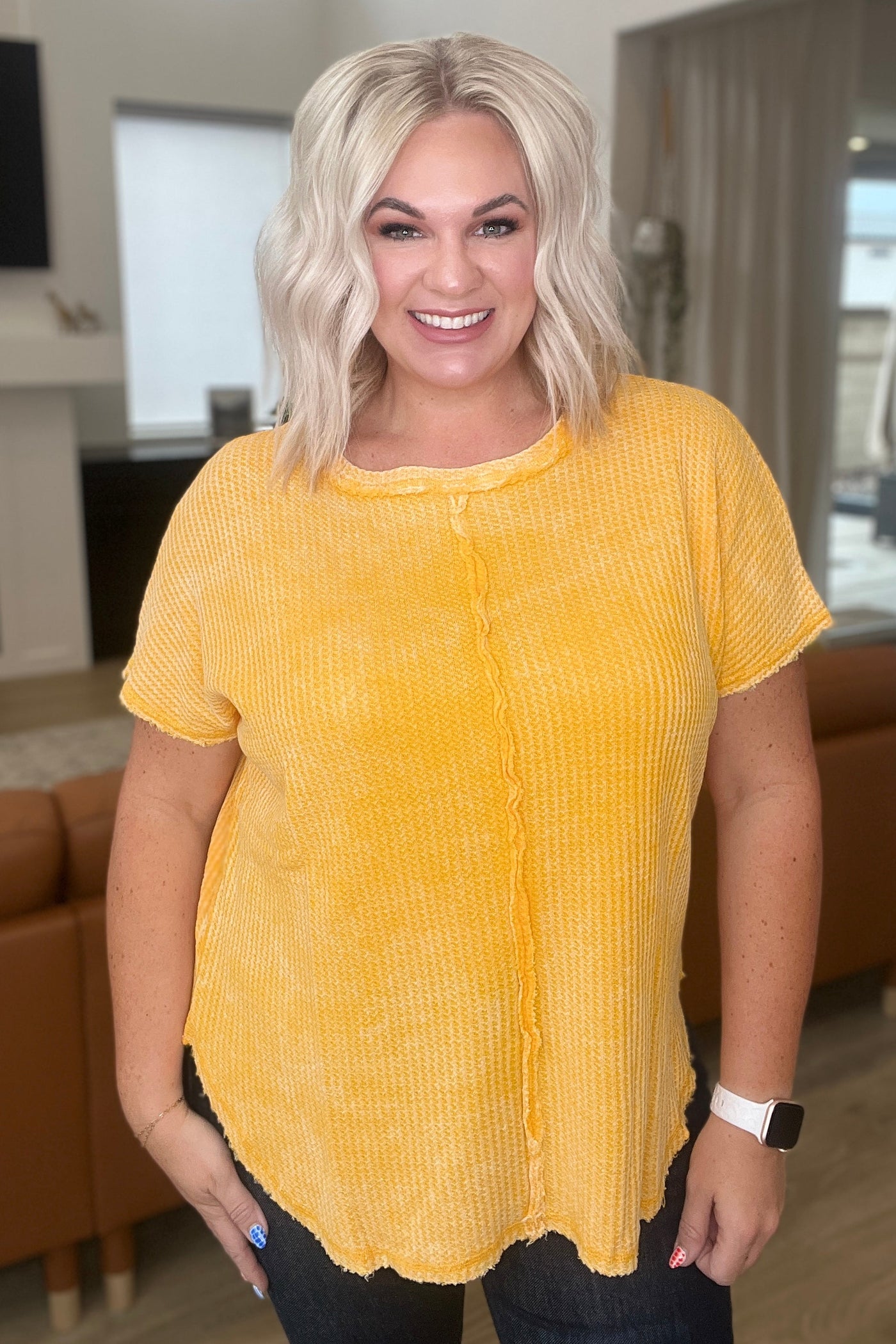 A Wink And A Smile Waffle Knit Top in Yellow Gold