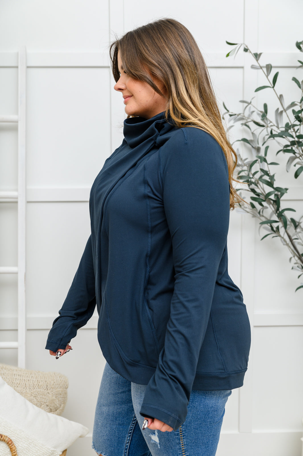 Janie Asymmetric Cowl Neck Jacket In Navy