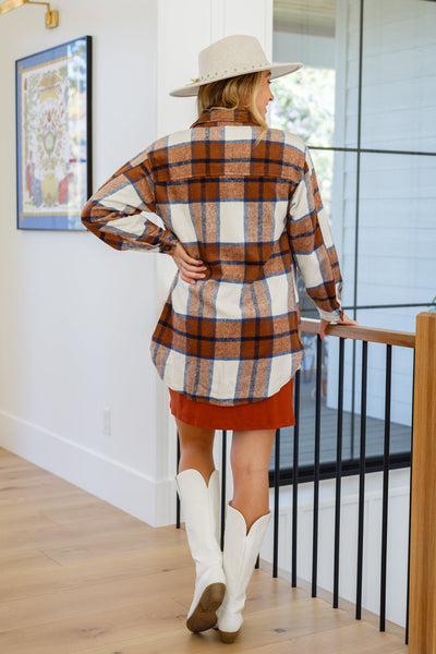 Jayne Brushed Plaid Button Down Shacket In Brown