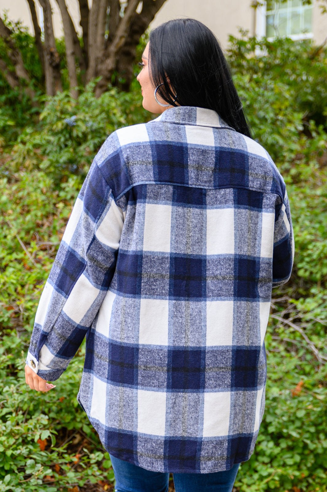 Jayne Brushed Plaid Button Down Shacket In Navy