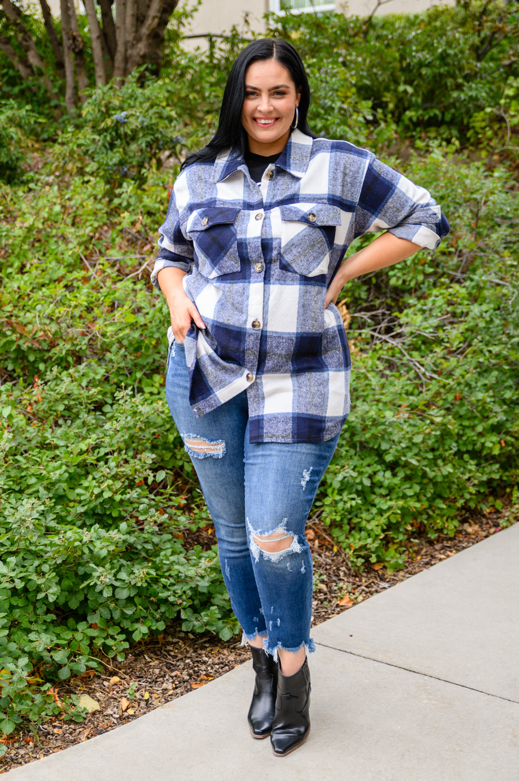 Jayne Brushed Plaid Button Down Shacket In Navy