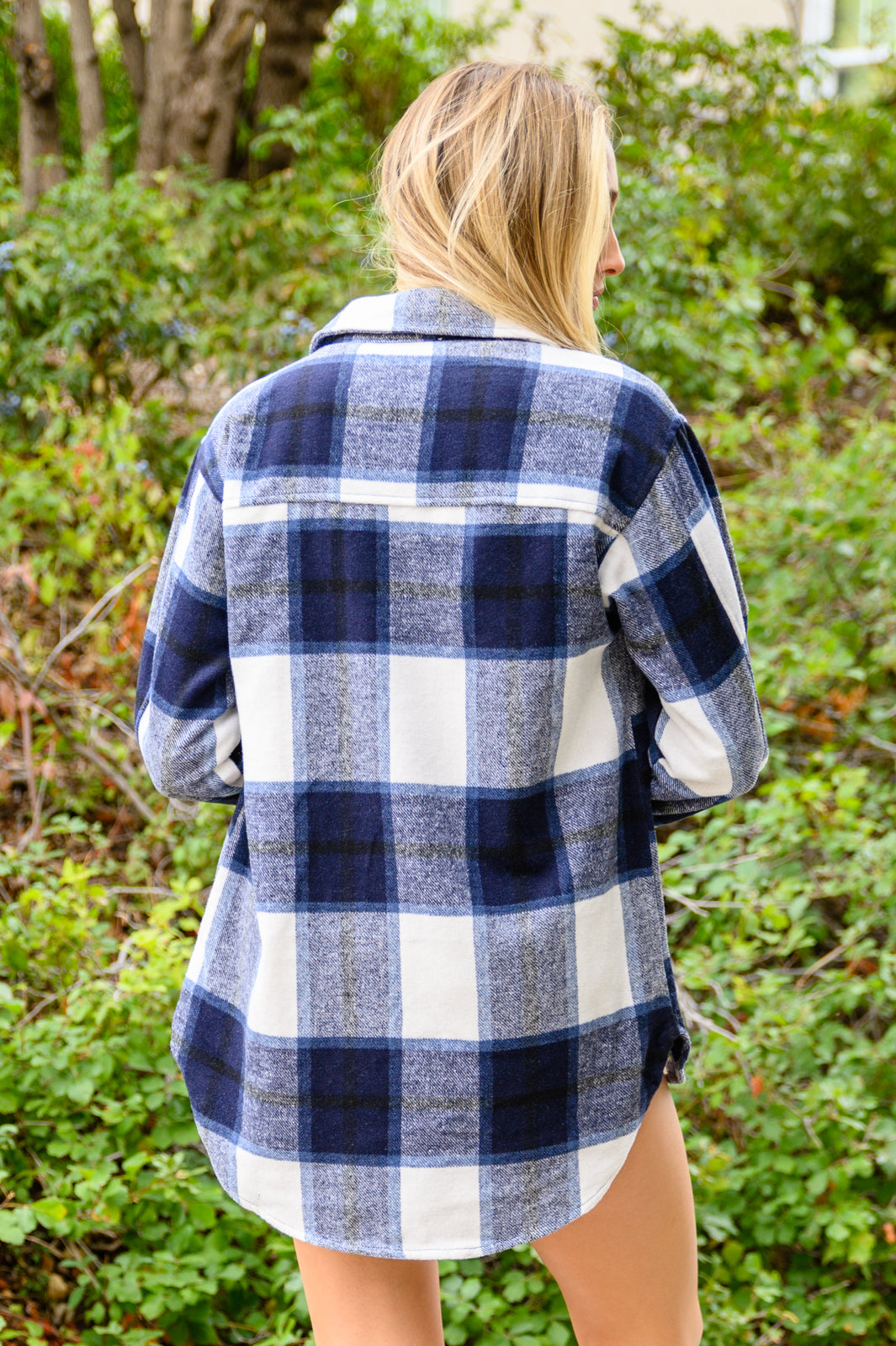 Jayne Brushed Plaid Button Down Shacket In Navy