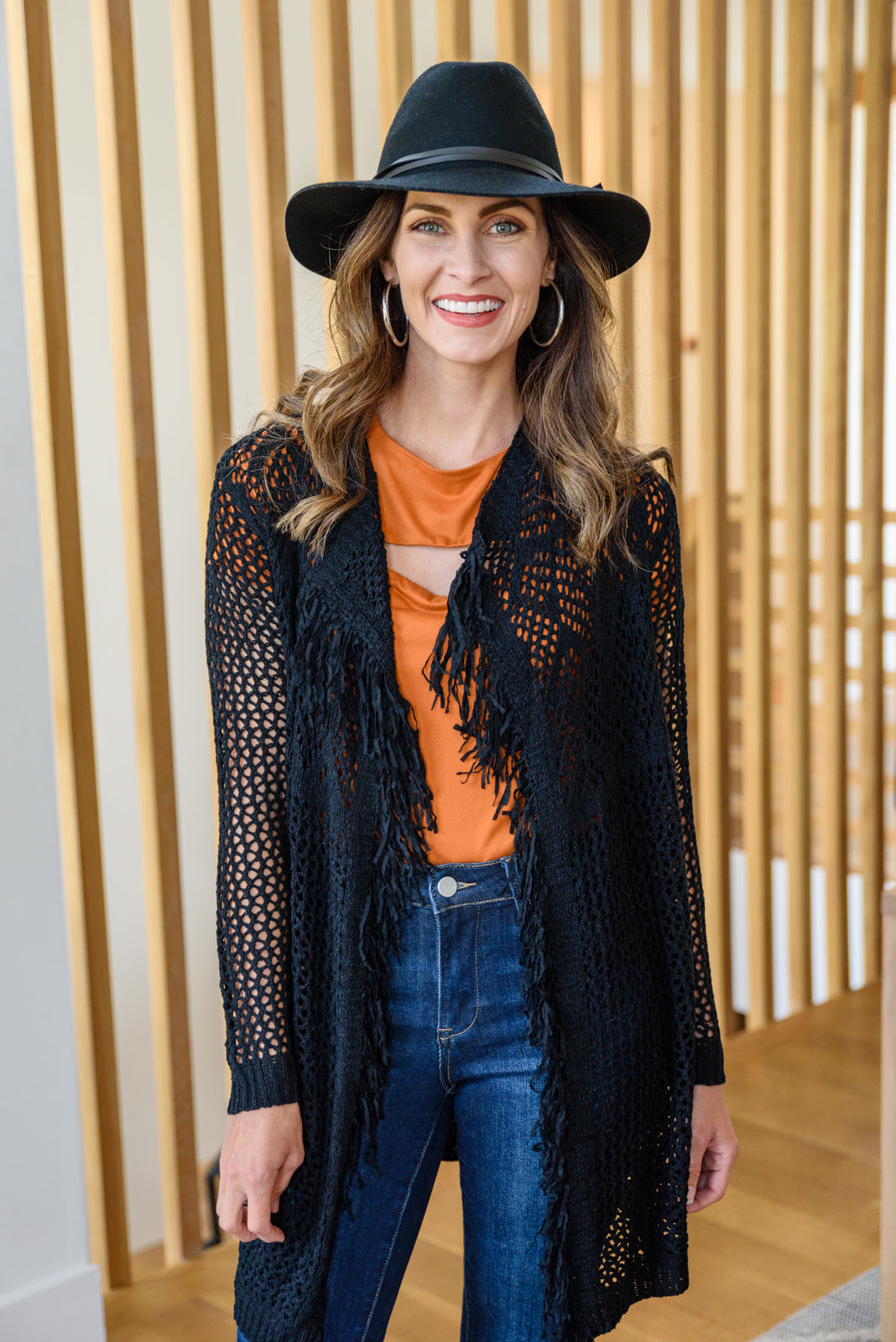 Knit And Fringe Cardigan in Black