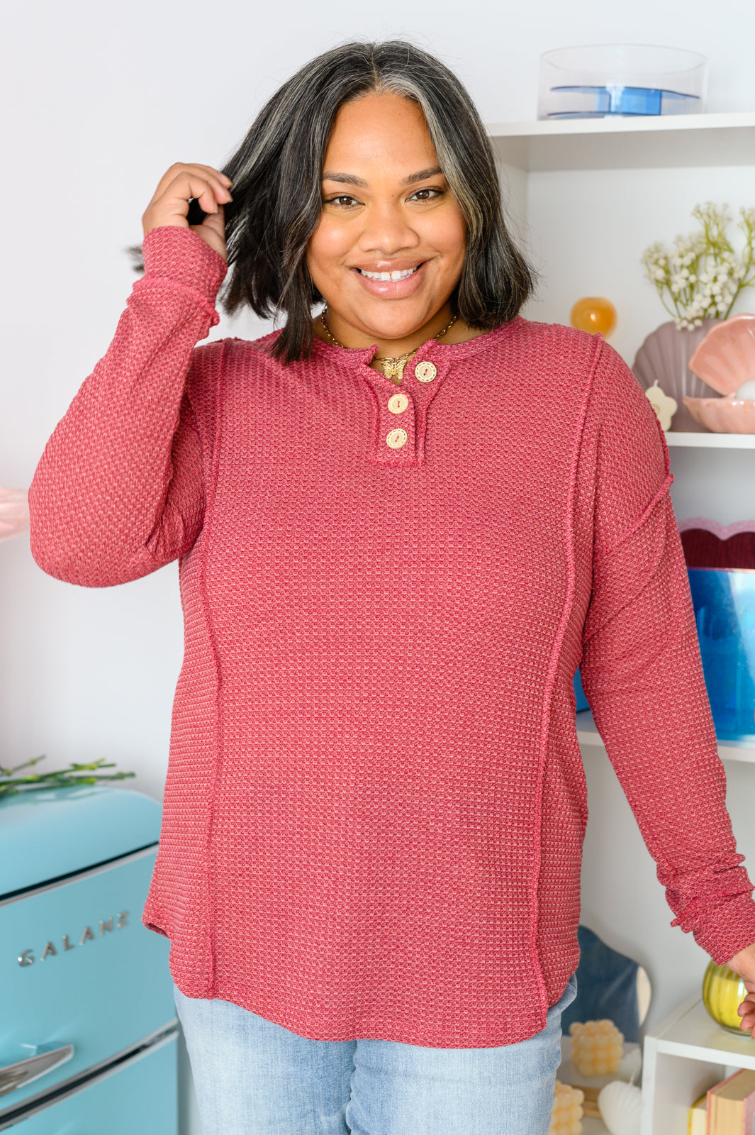 Lean Into Something Cozy Waffle Knit Top in Marsala