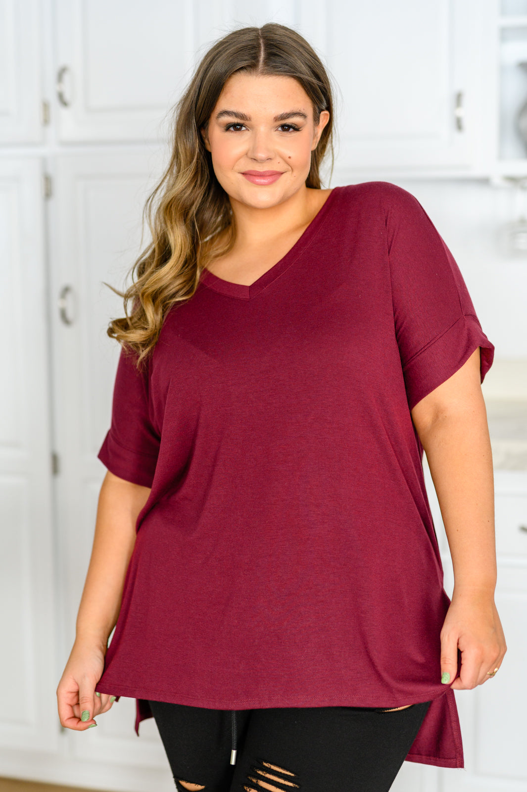 Let The Days Pass By Short Sleeve Top in Burgundy