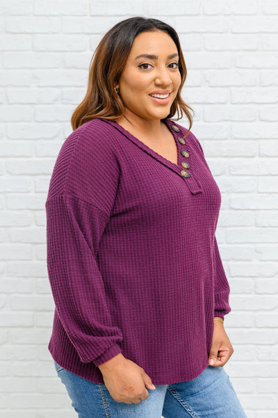 Long Sleeve Waffle Knit Top In Eggplant