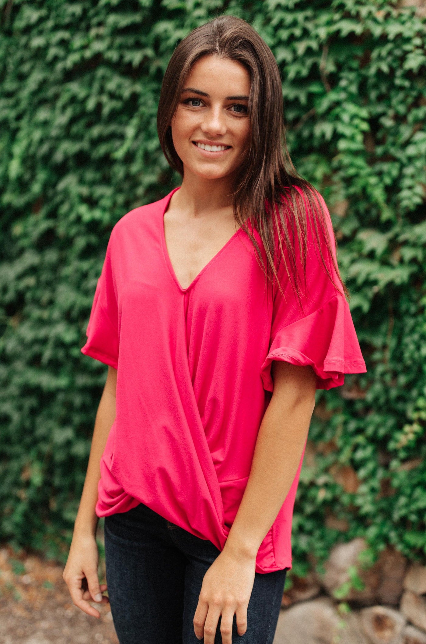 Nice Surprise Surplice Knit Top In Hot Pink