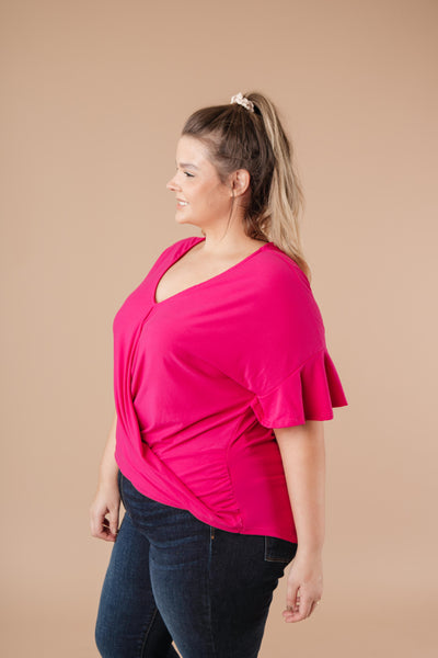 Nice Surprise Surplice Knit Top In Hot Pink