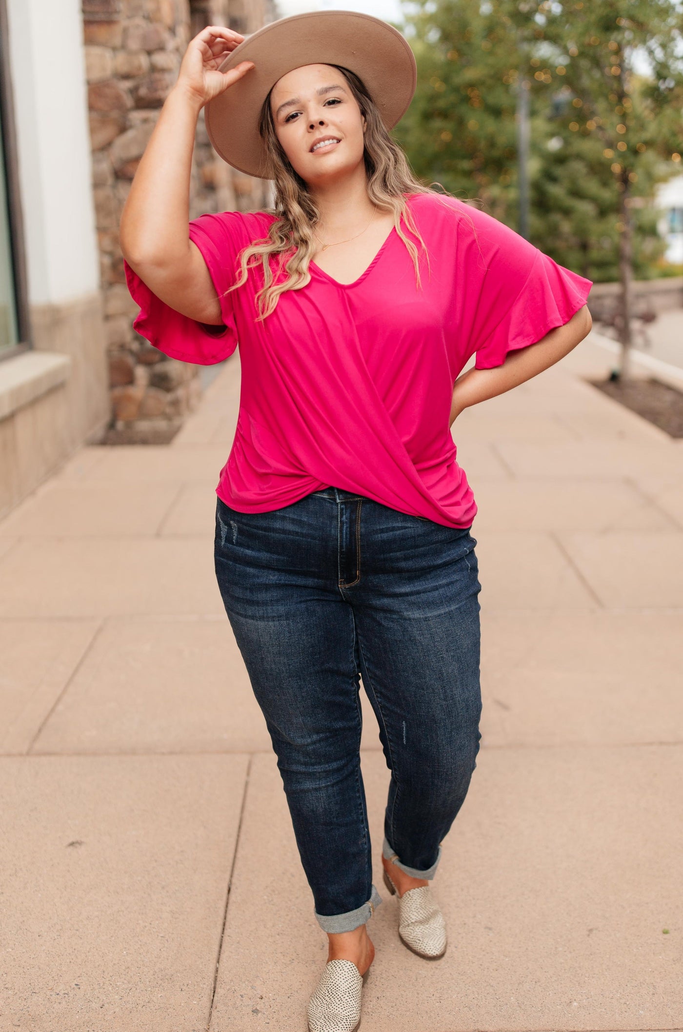 Nice Surprise Surplice Knit Top In Hot Pink