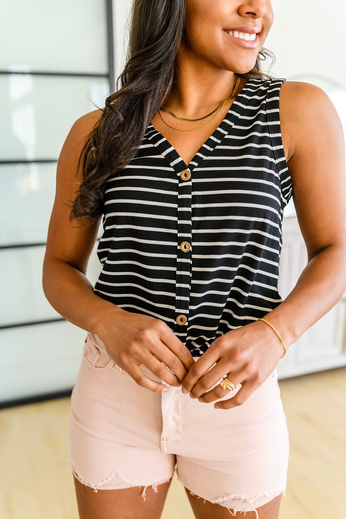 Oceanside Striped V Neck Sleeveless Top