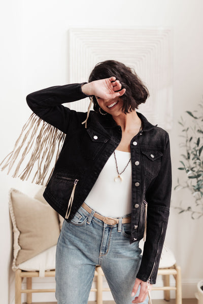 On The Fringe Jacket in Ash Black