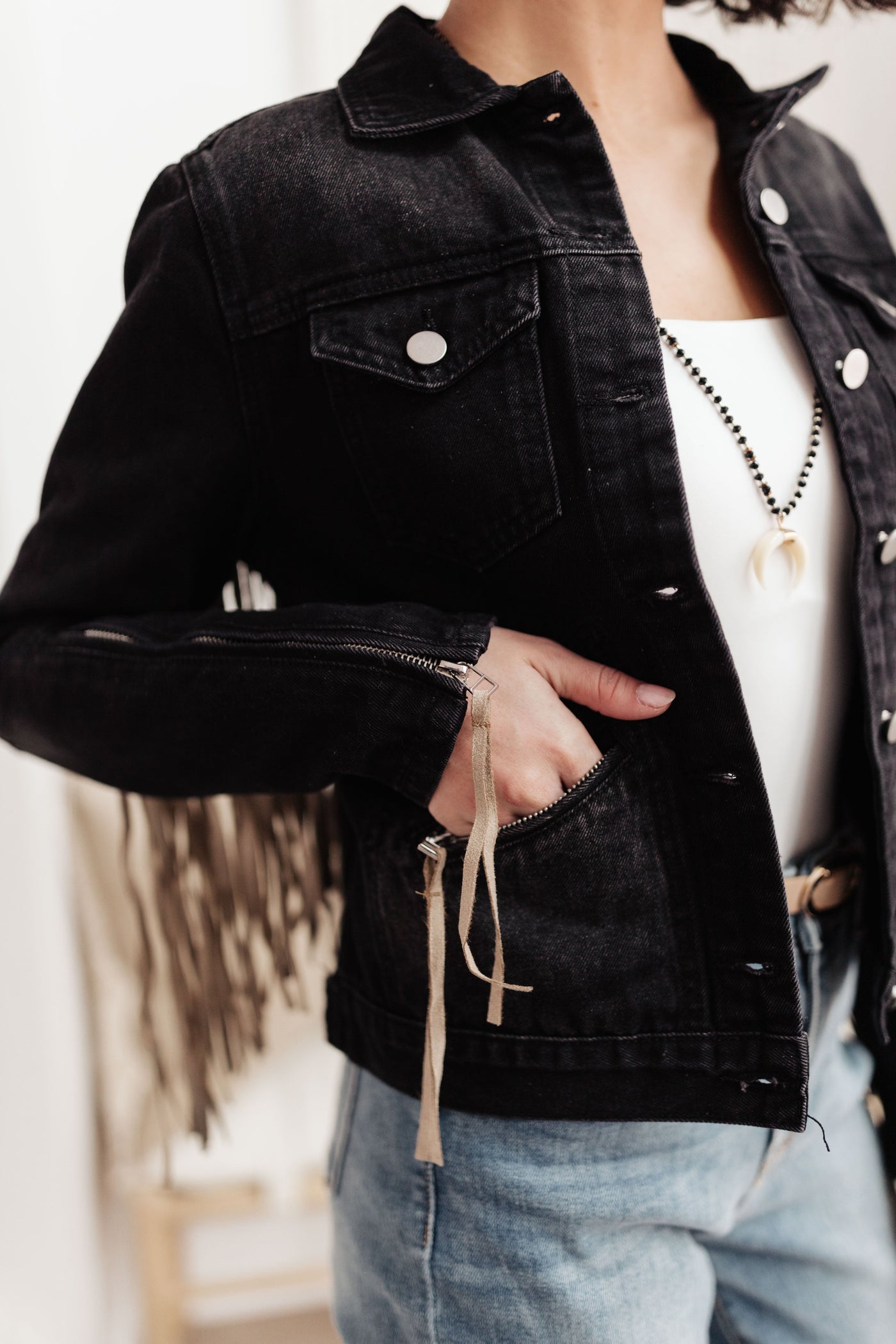 On The Fringe Jacket in Ash Black