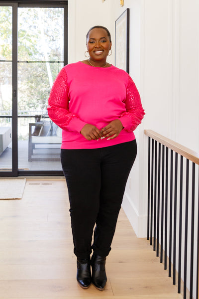 One Wild Night Sequin Sleeves Top In Fuchsia