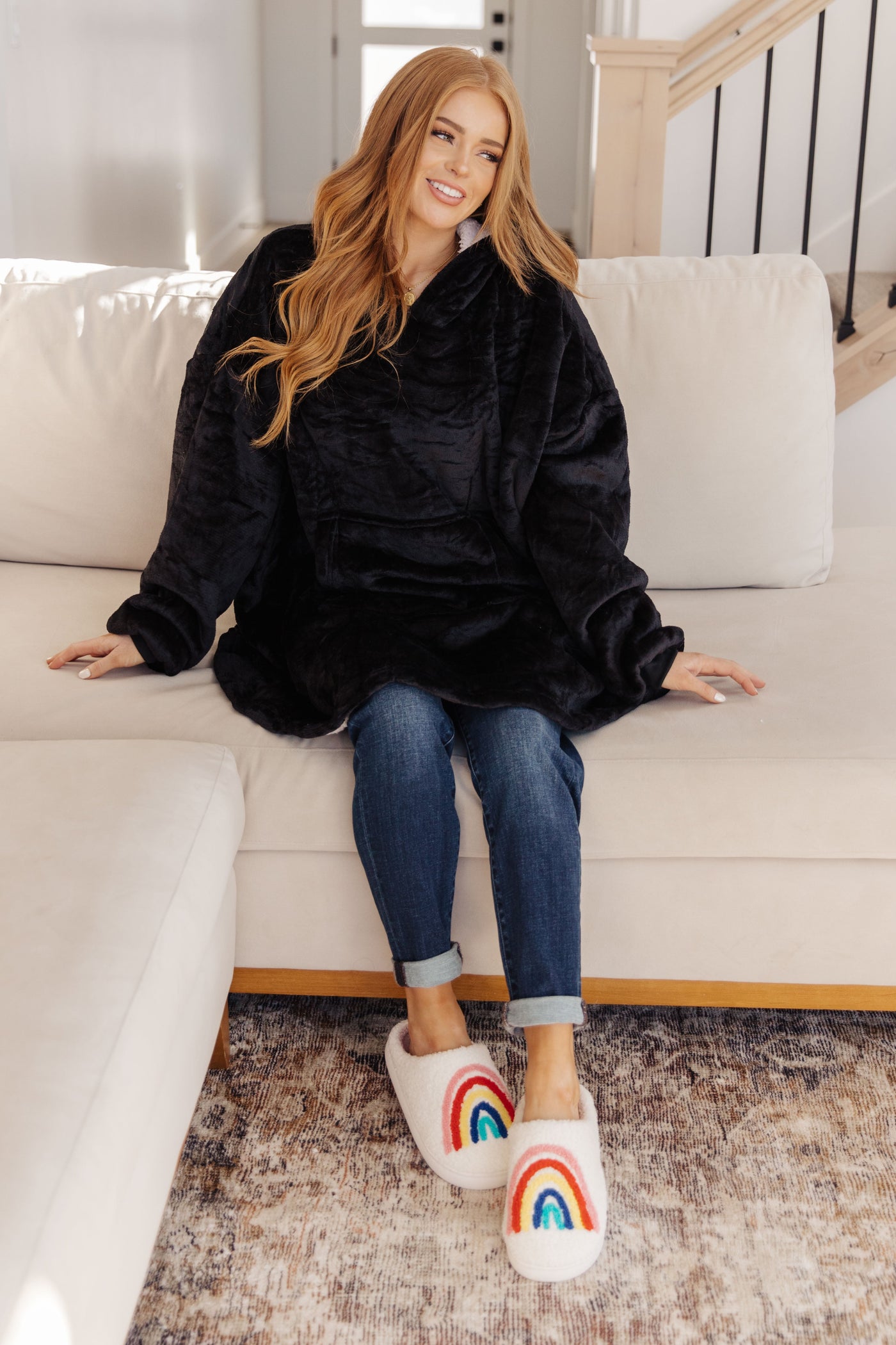 Oversized Velour Blanket Hoodie in Black