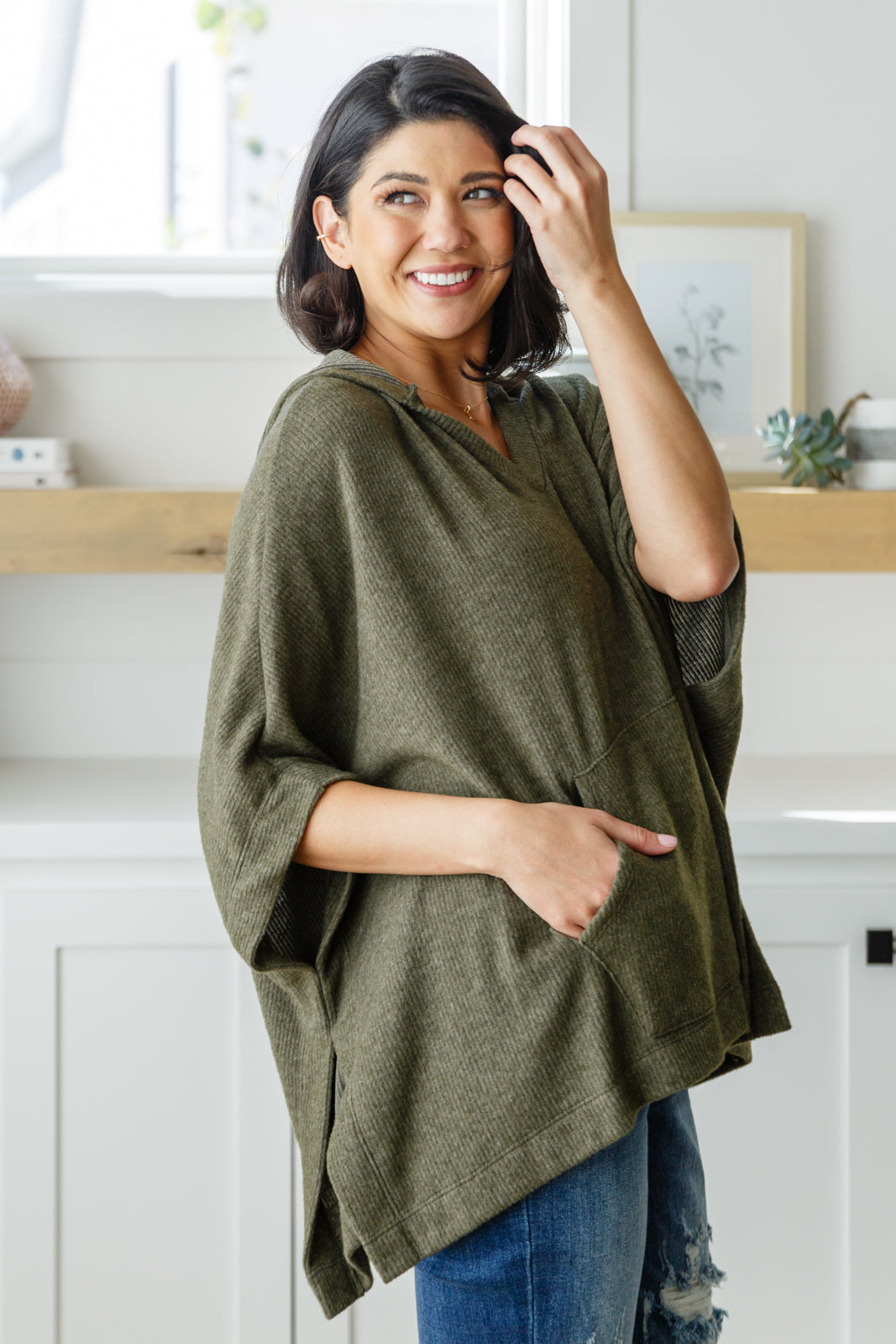 Perfectly Poised Hooded Poncho in Olive