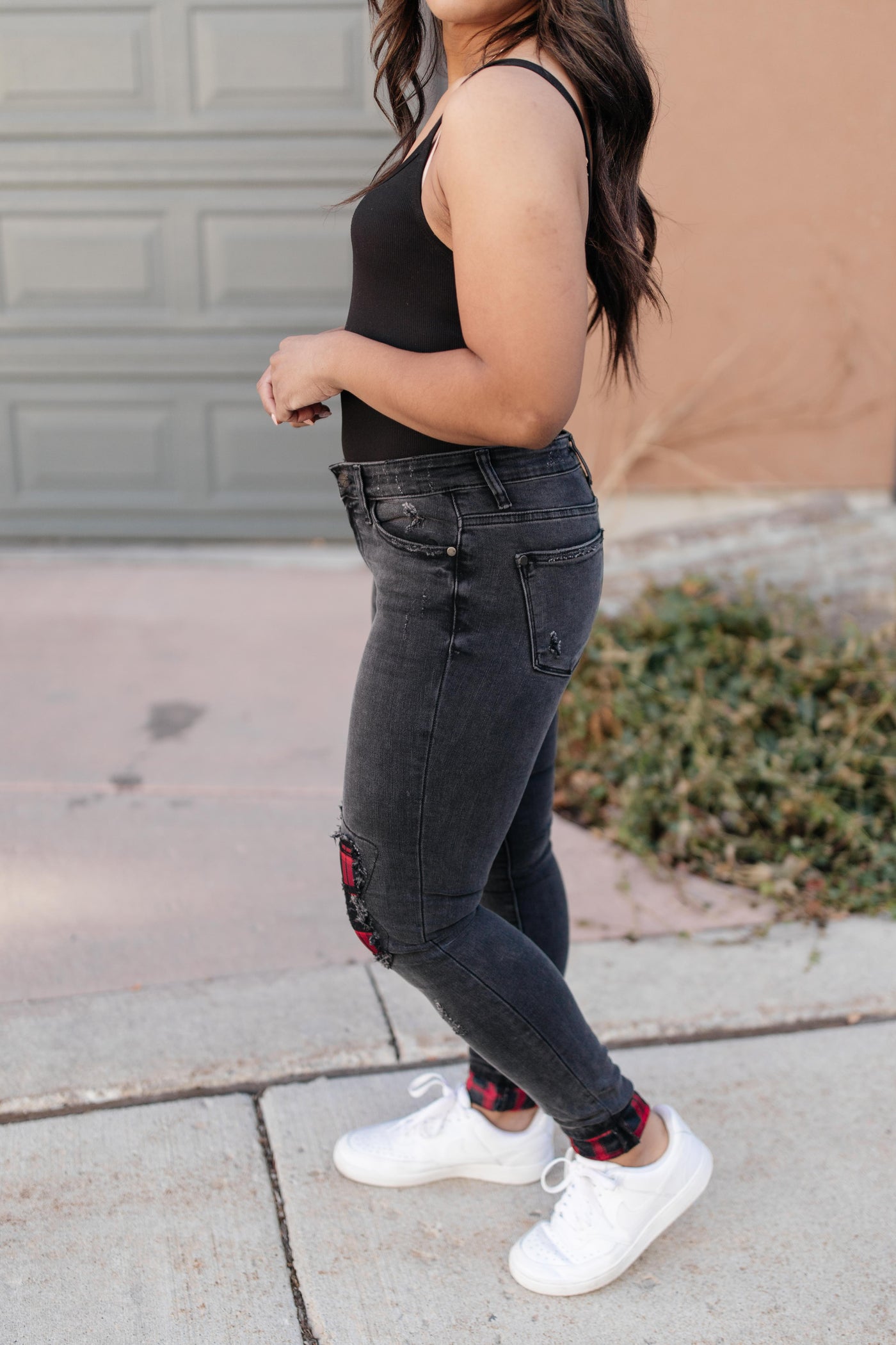 Plaid Peek-A-Boo Jeans in Charcoal