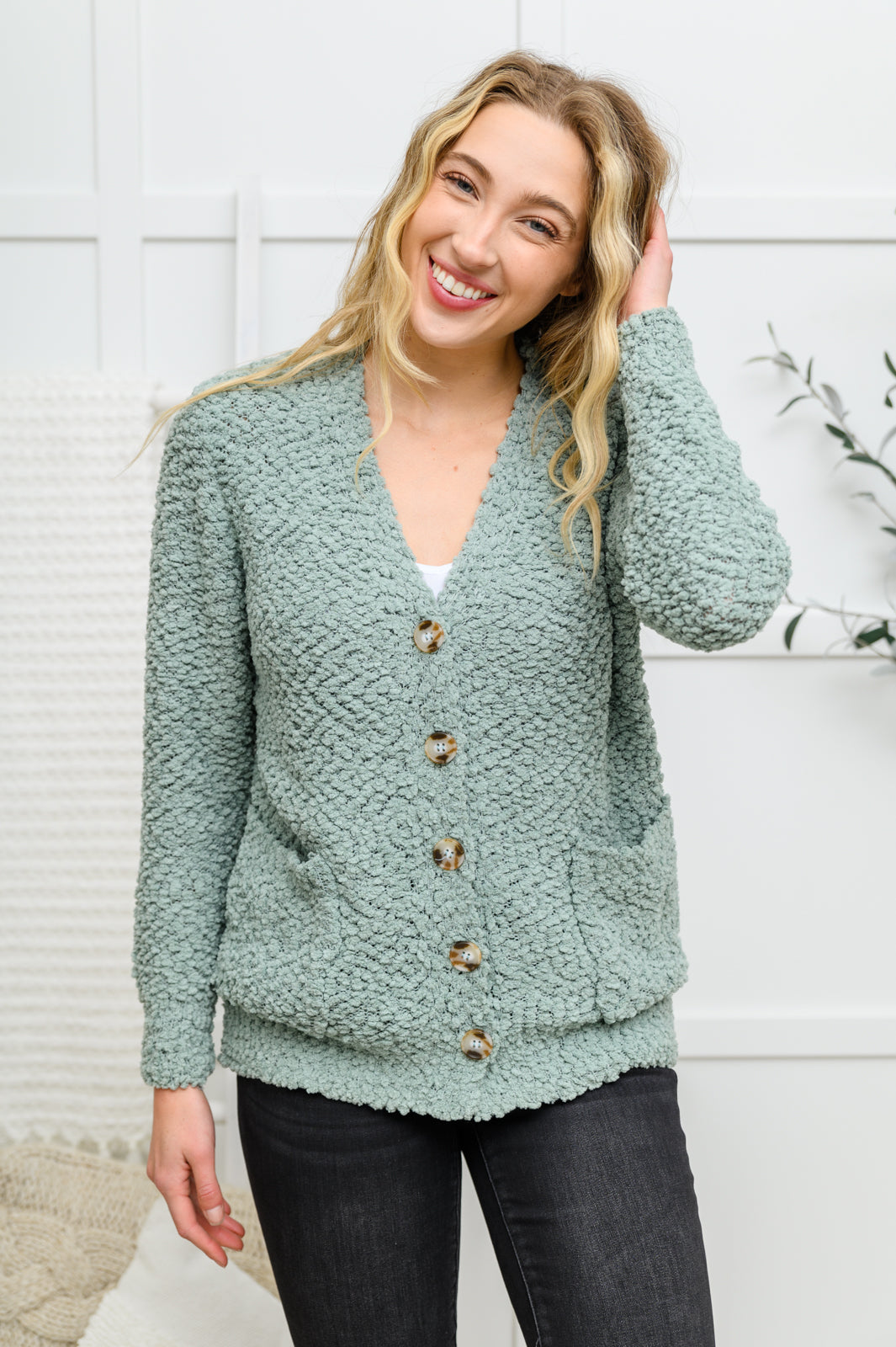 Popcorn Knit Cardigan In Light Green