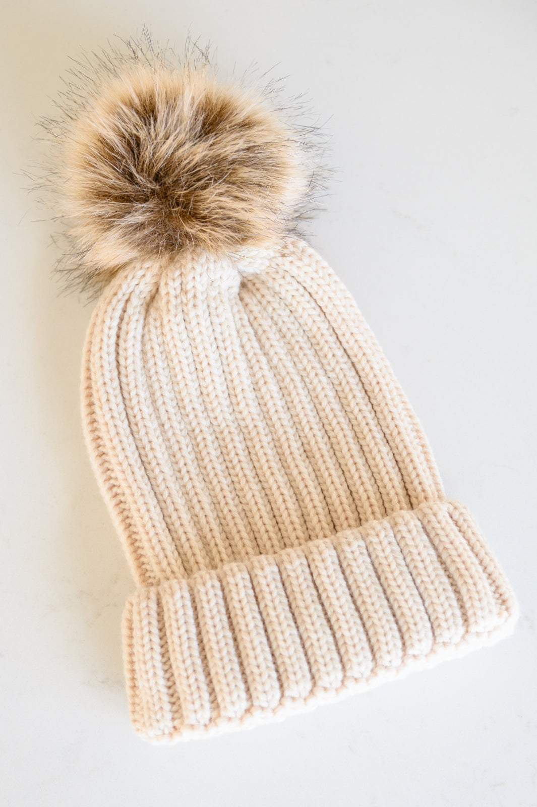 Rib Knit Beanie With Detachable Pom Pom In Beige