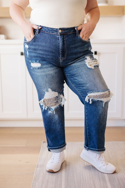 Suki Mid Rise Sequin Patch Tapered Jeans