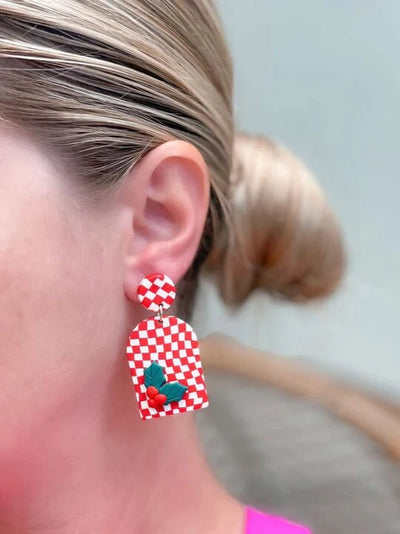 PREORDER: Red & White Checkered Clay Dangle Earrings