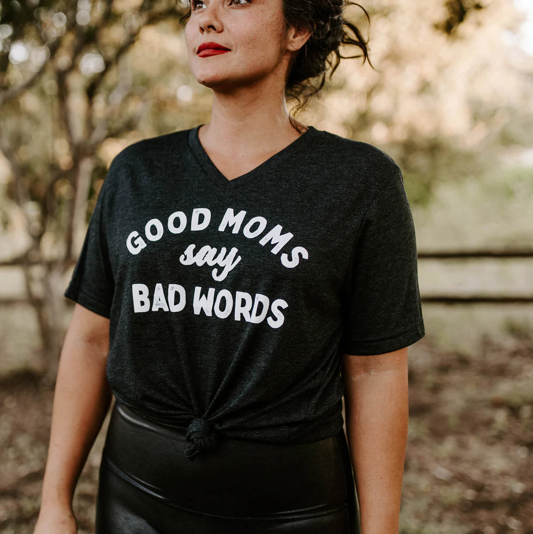 PREORDER: Good Moms Say Bad Words V-neck Tee in Dark Grey